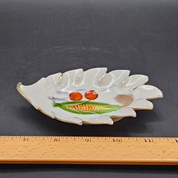 Japanese Porcelain Leaf Dish Plate Corn Cherries Gold Trim Vintage Hand Painted - Picture 9 of 9